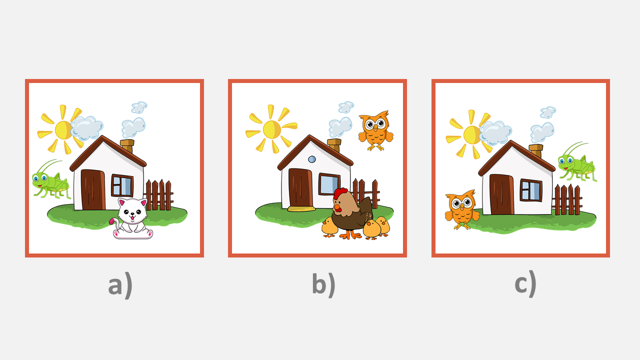 OLSAT level B and C. Which picture has three clouds, an owl and a grasshopper?