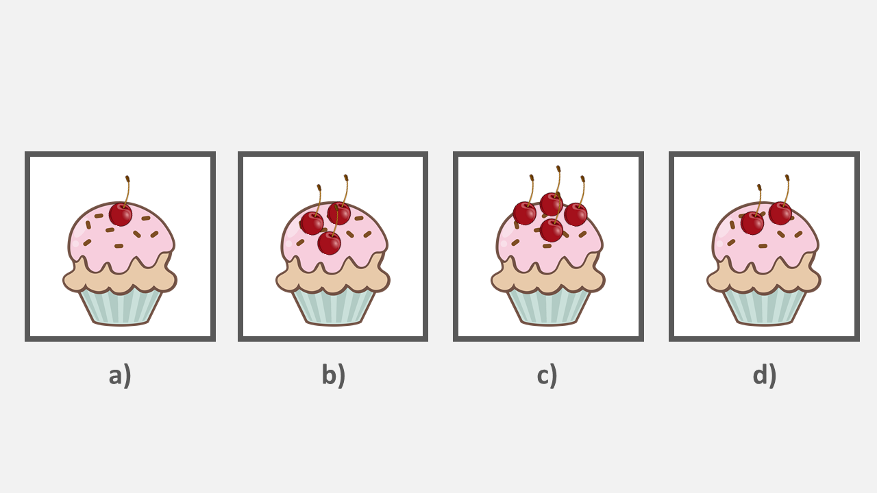 Four cupcakes with different amounts of cherries on each