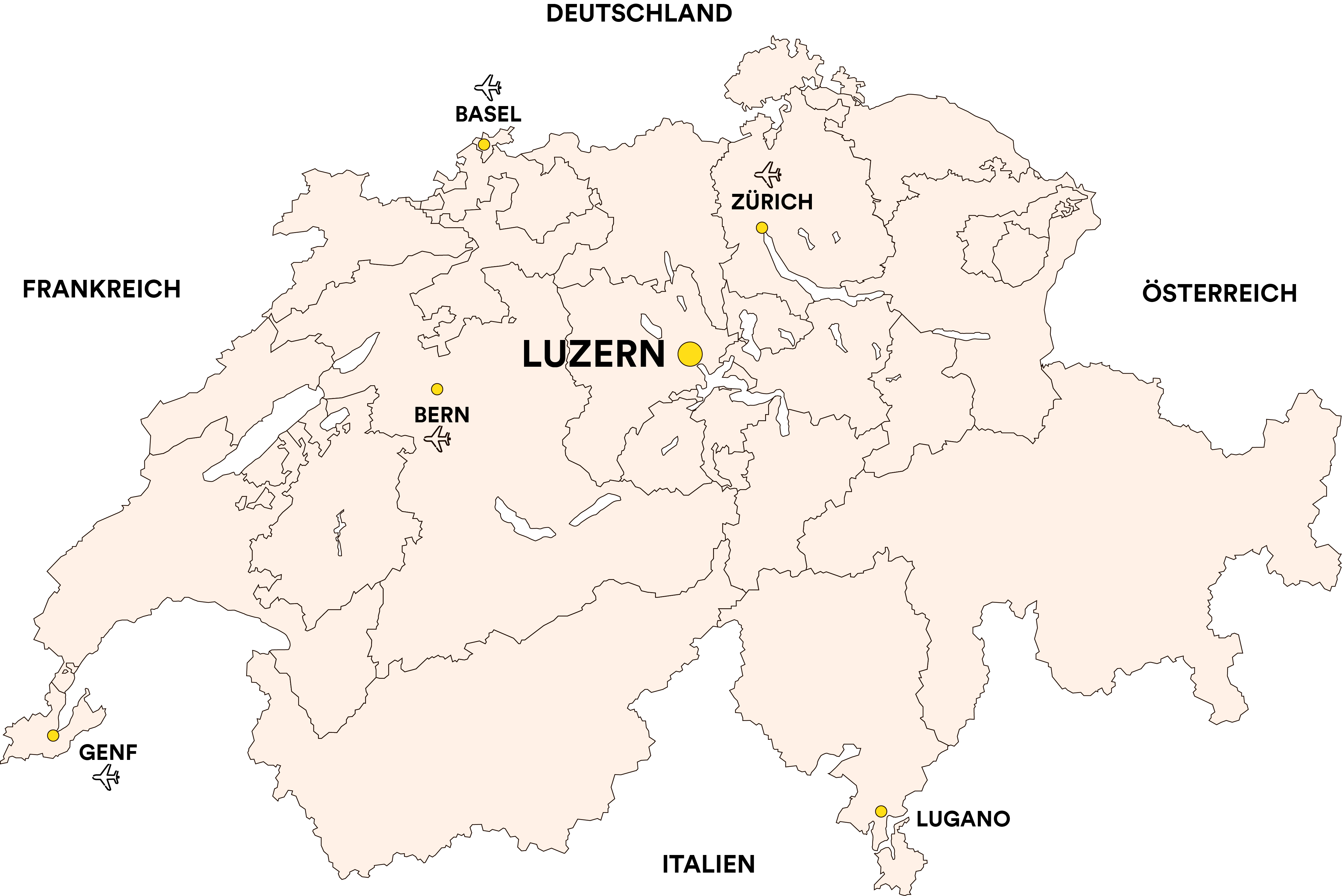 Karte der Schweiz mit Stadt Luzern sowie Flughafen-Städten und Nachbarländern der Schweiz.