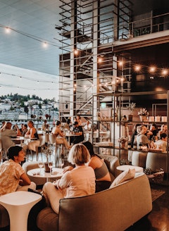 Summer Lounge on the Lucerne Terrace of the KKL Lucerne with evening atmosphere