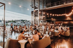 Summer Lounge on the Lucerne Terrace of the KKL Lucerne with evening atmosphere