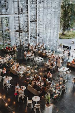 View from above of the Summer Lounge on the Lucerne Terrace of the KKL Lucerne