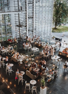 View from above of the Summer Lounge on the Lucerne Terrace of the KKL Lucerne