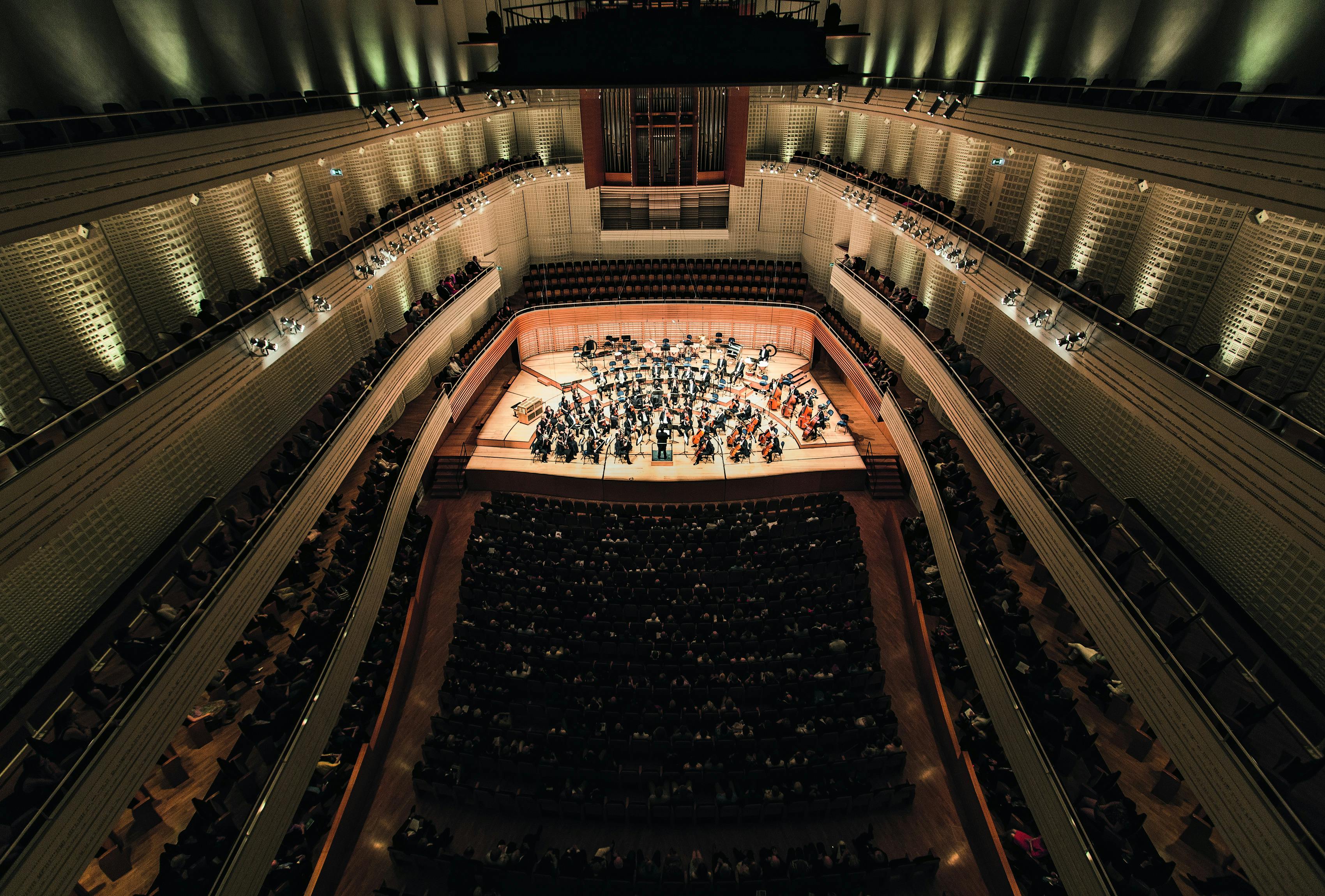 Classical Concert in the Concert Hall of the KKL Lucerne with a view of the Stage from the 4th Balcony.