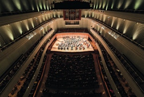 Classical Concert in the Concert Hall of the KKL Lucerne with a view of the Stage from the 4th Balcony.