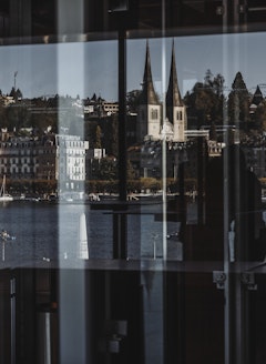 Mirroring and Reflection of the City of Lucerne in the Panes of the KKL Lucerne