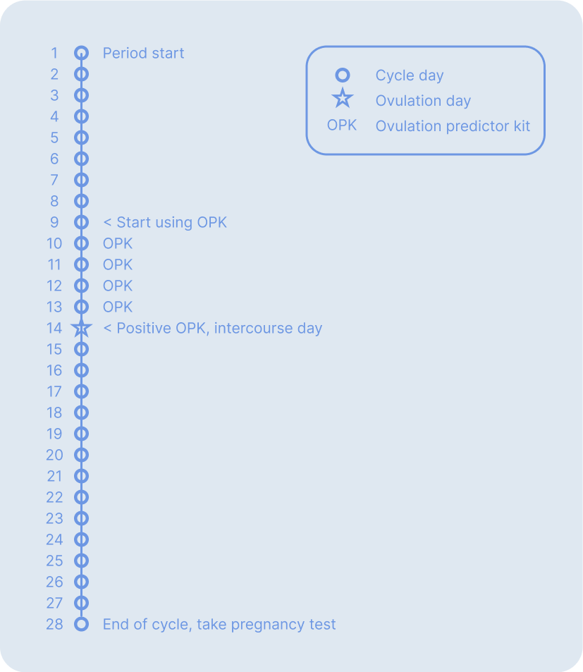 Calendar of how to use an ovulation prediction kit.