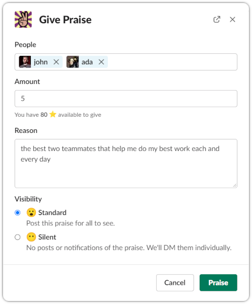 Give praise Slack dialog