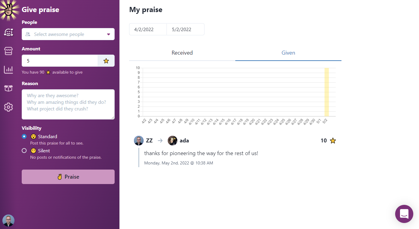 Give praise web interface