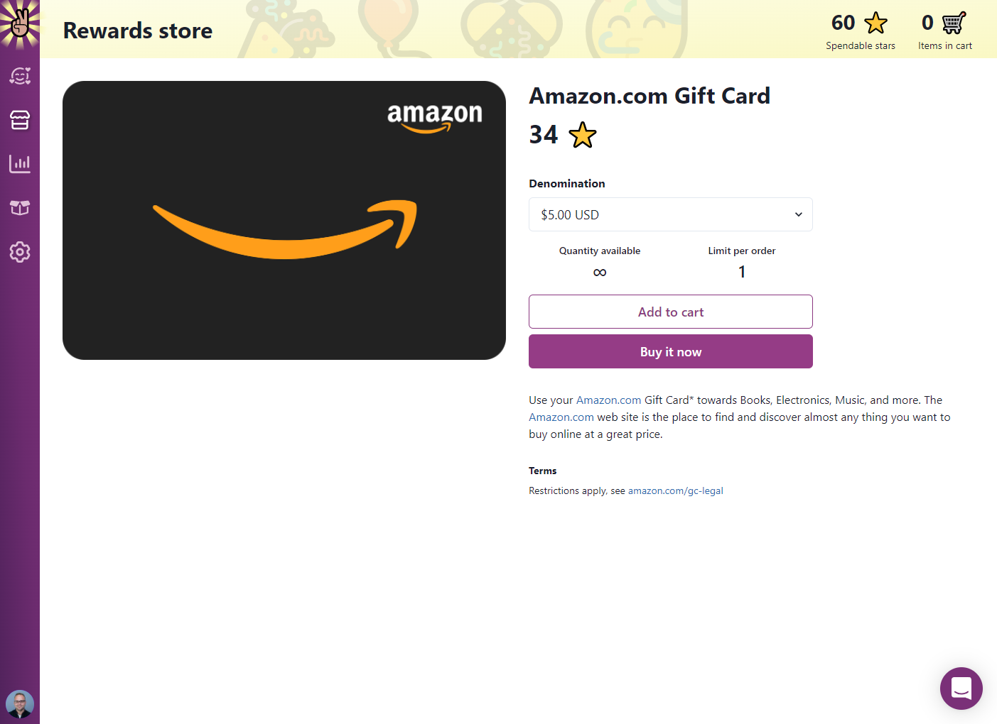 Amazon gift card in rewards store