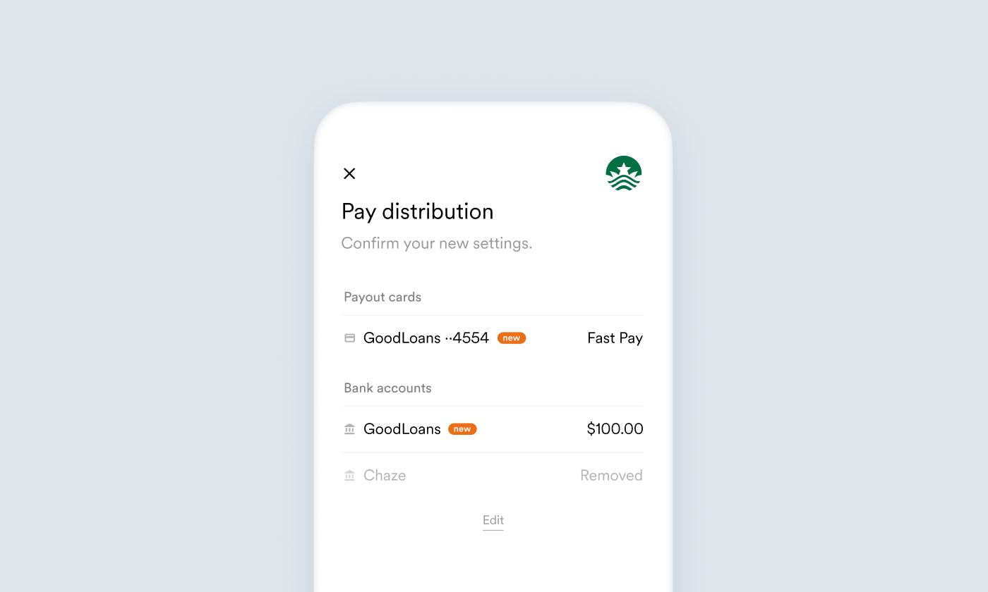Pay distribution to cards screen
