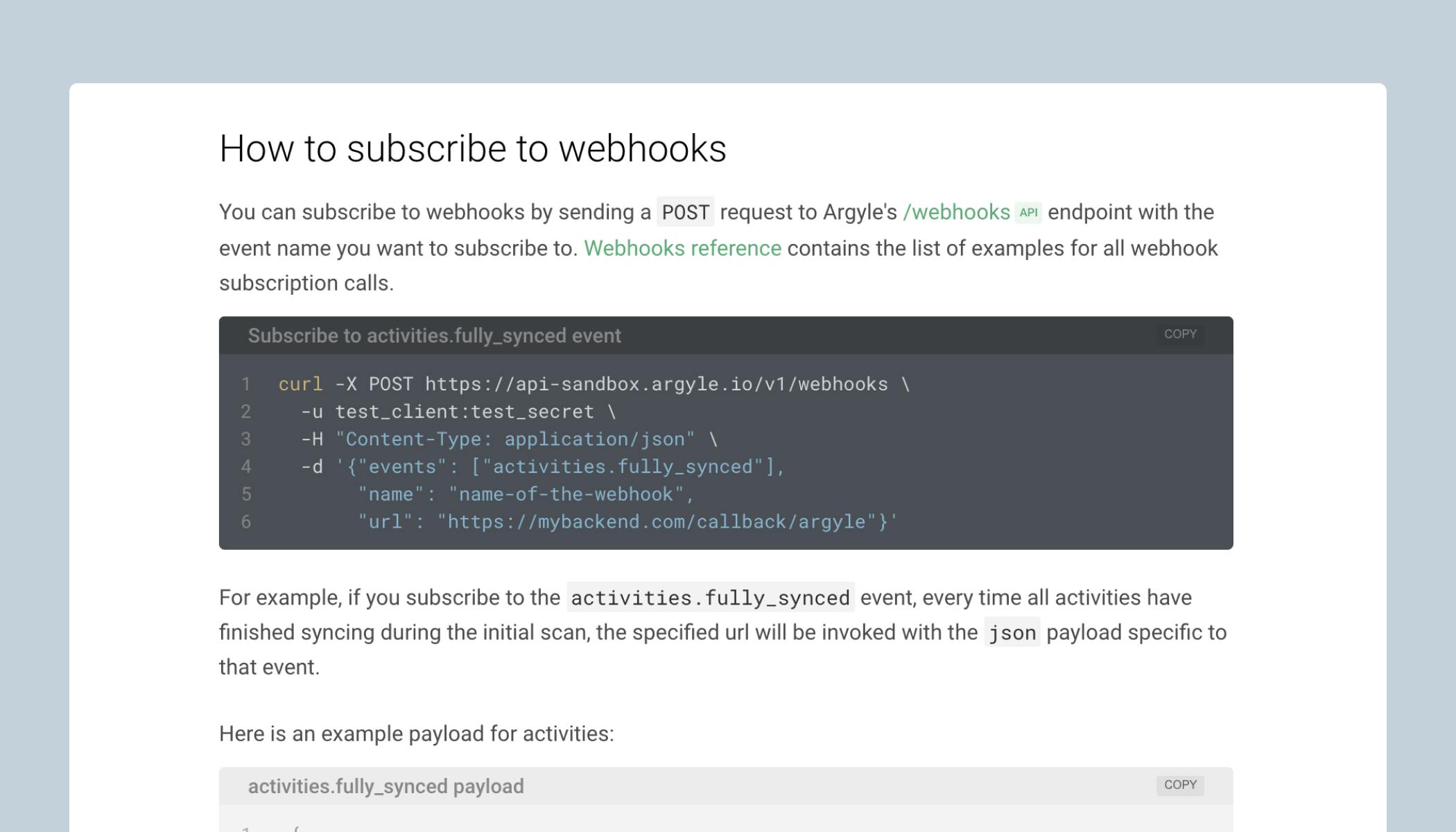 Instruction on how to subscribe to webhooks