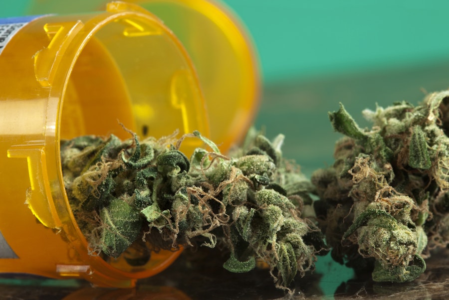 A smiling doctor holding a jar of medical cannabis buds while discussing medical cannabis treatment with a patient.
