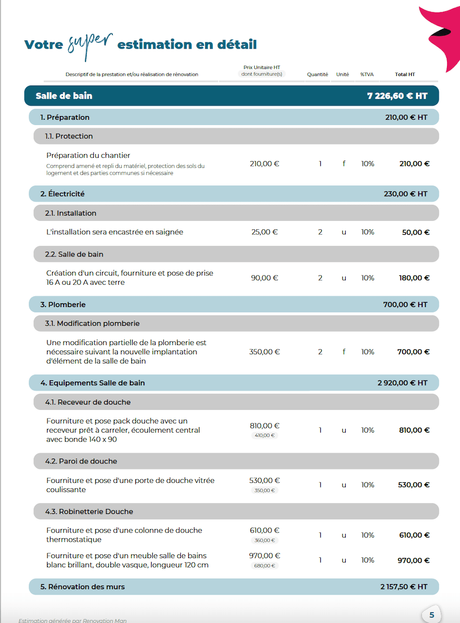 Devis et travaux de salle de bain  exemple de chiffrage