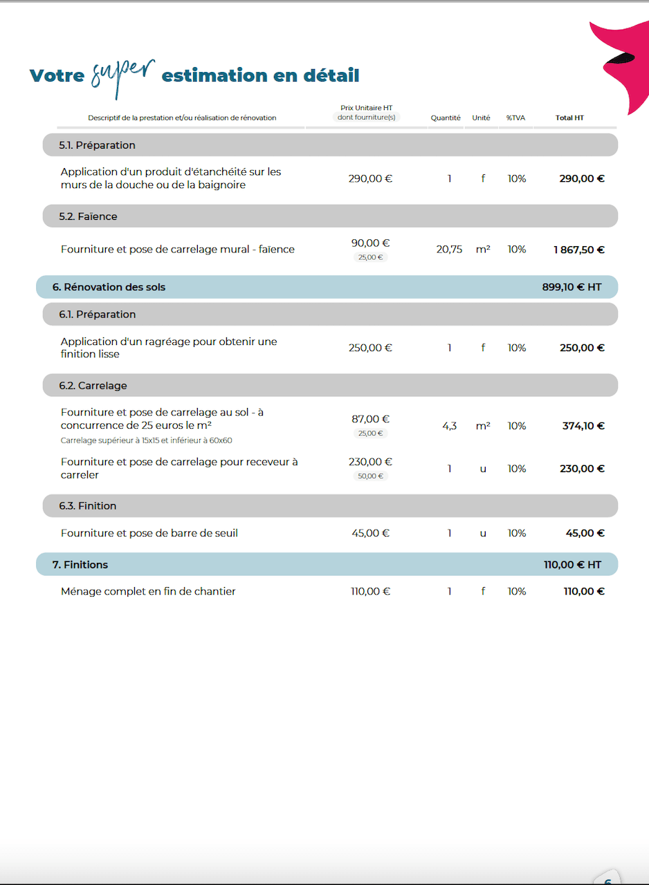 Devis et travaux de salle de bain  exemple de chiffrage