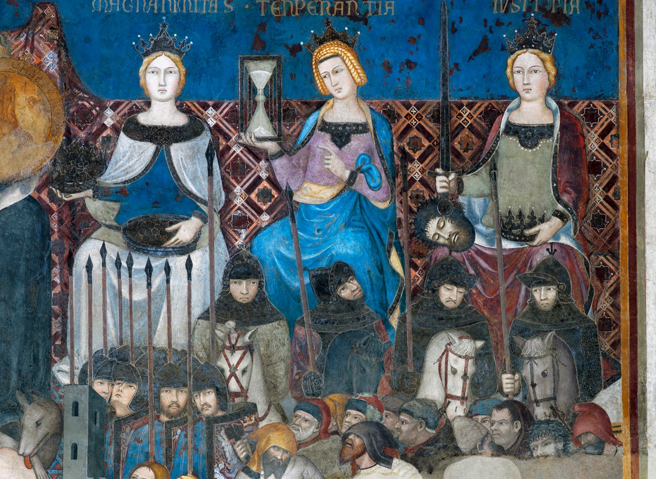 tre dame sedute con clessidra su sfondo blu
