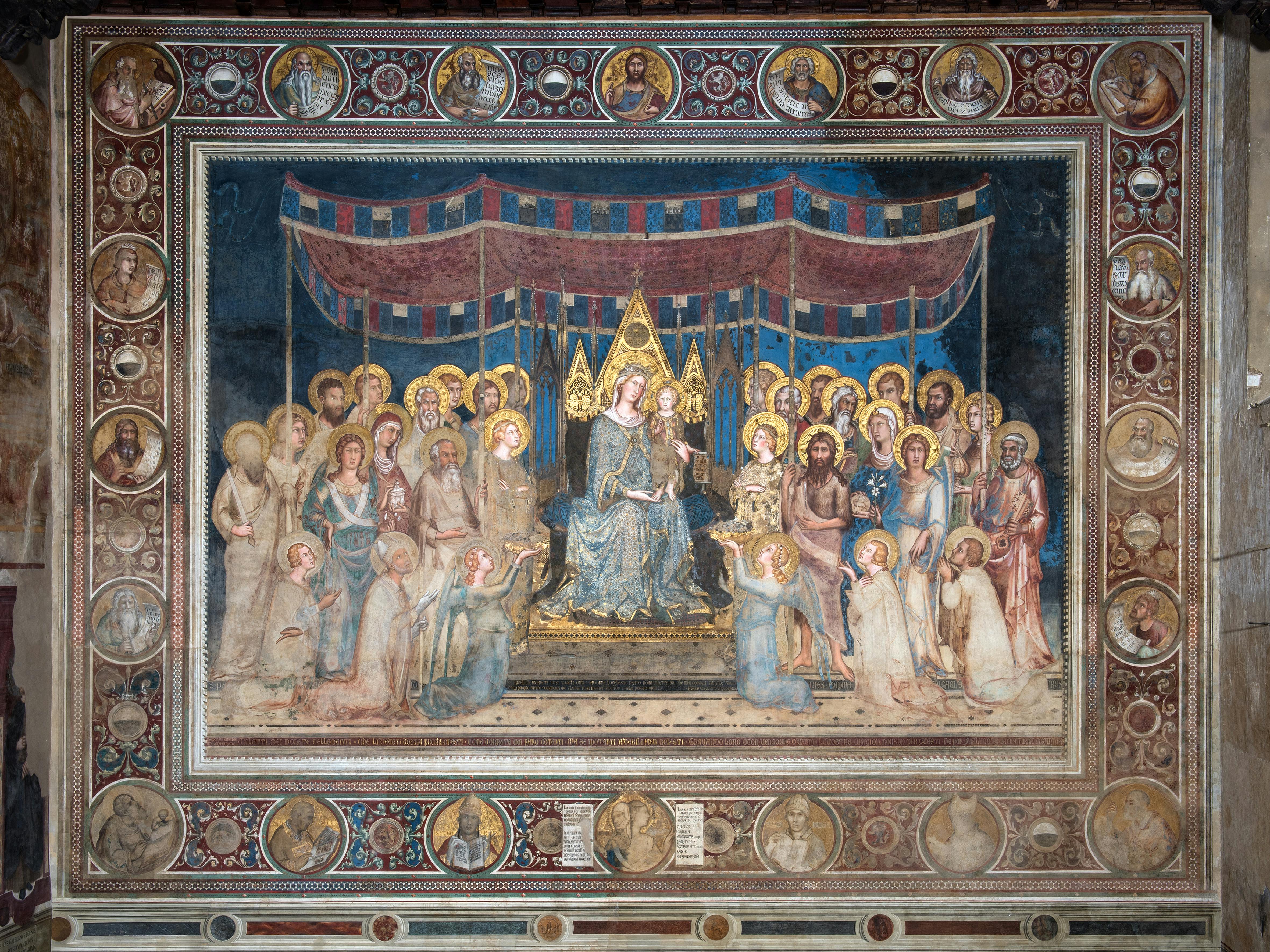 Affresco della Maestà di Simone Martini con Madonna in Trono col bambino e angeli