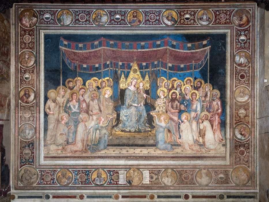 Affresco della Maestà di Simone Martini con Madonna in Trono col bambino e angeli