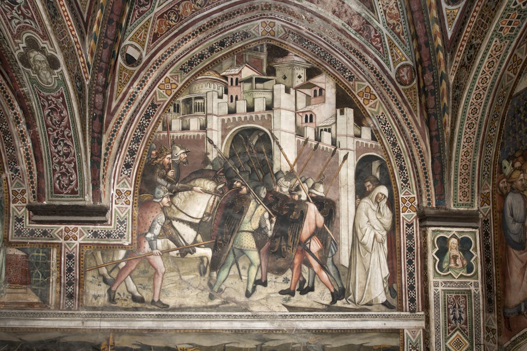 Scena dell'opera di Spinello Aretino in cui il papa Alessandro III abbandona Roma durante l'assalto alla città dell'Imperatore Federico Barbarossa.