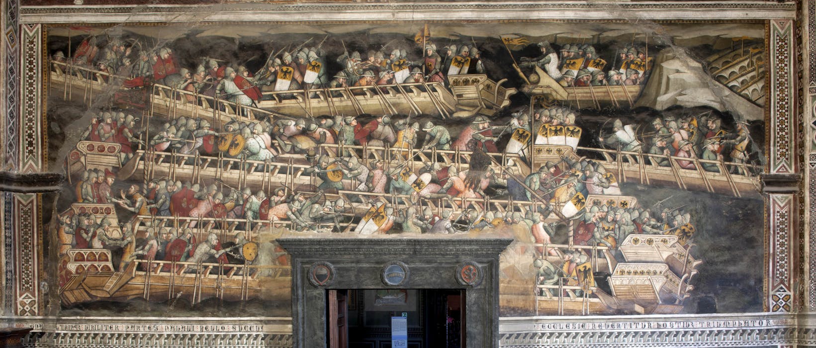 Scnea della Battaglia di Punta San Salvatore tra le flotte dei veneziani e dei tedeschi, risoltasi a favore degli alleati del Papa.