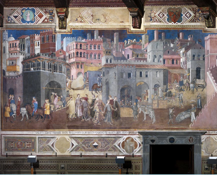 Affresco "Effetti del Buon Governo in città" nella sala della Pace al Museo Civico di Siena