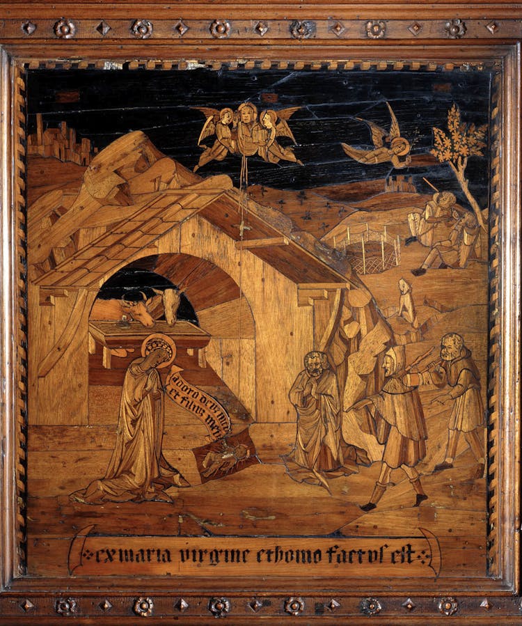 Intarsio "Natività" nella Cappella dei Nove di Niccolà de' Cori