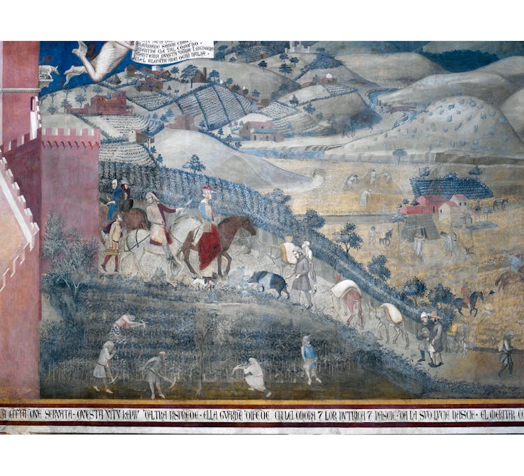 Particolare dell'affresco "Effetti del Buon Governo in campagna" nella sala della Pace al Museo Civico di Siena
