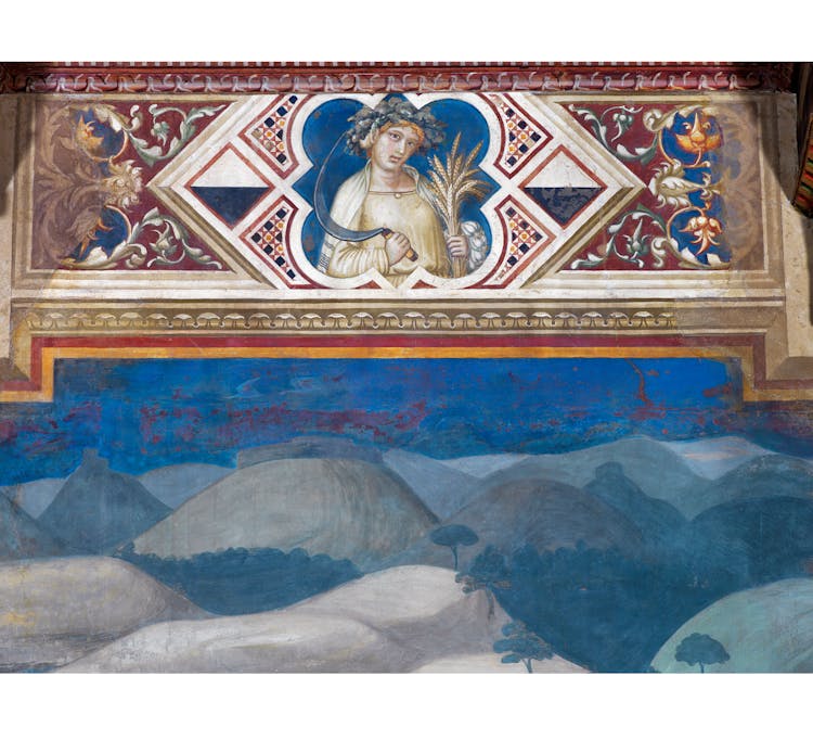 Particolare dell'affresco "Effetti del Buon Governo in campagna" nella sala della Pace al Museo Civico di Siena