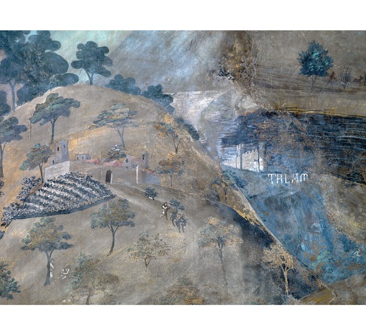 Particolare dell'affresco "Effetti del Buon Governo in campagna" nella sala della Pace al Museo Civico di Siena