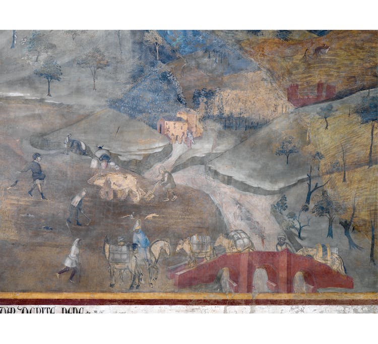 Particolare dell'affresco "Effetti del Buon Governo in campagna" nella sala della Pace al Museo Civico di Siena
