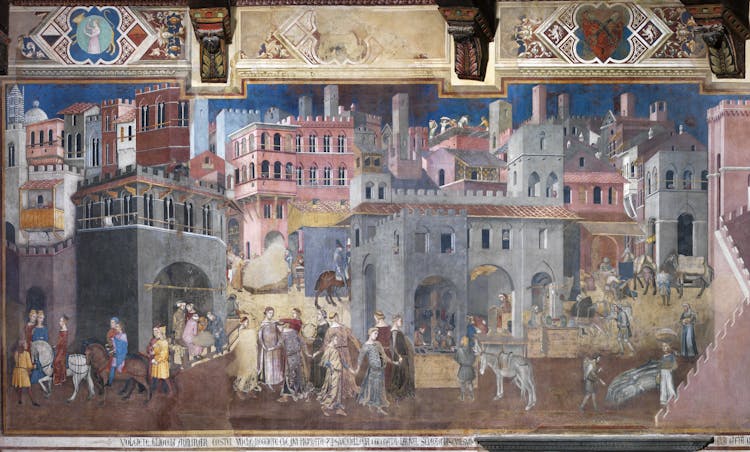 Affresco "Effetti del Buon Governo in città" nella sala della Pace al Museo Civico di Siena