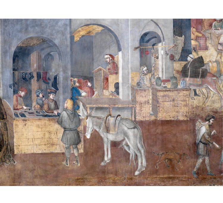 Particolare dell'affresco "Effetti del Buon Governo in città" nella sala della Pace al Museo Civico di Siena