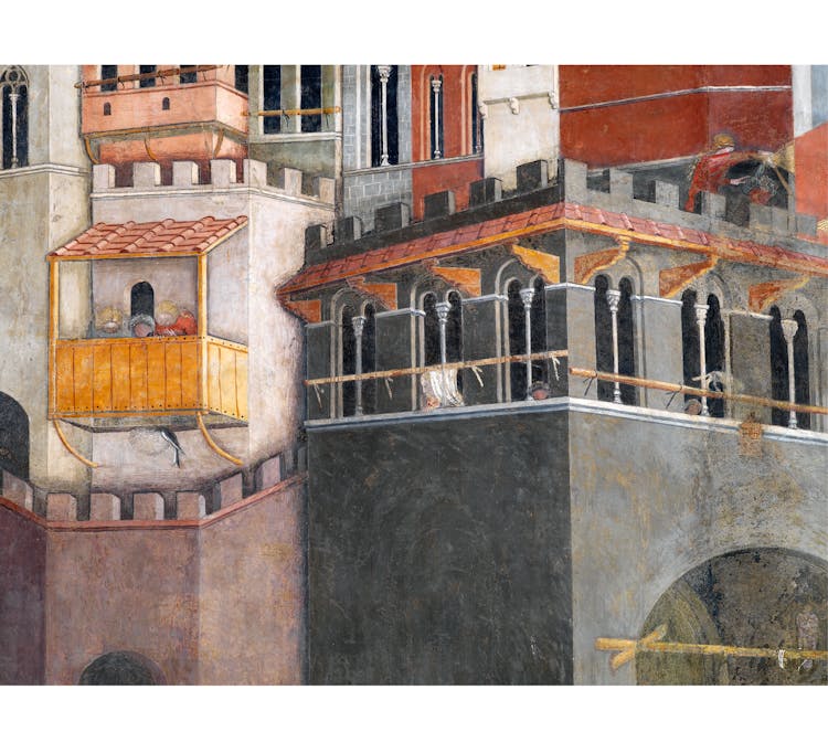 Particolare dell'affresco "Effetti del Buon Governo in città" nella sala della Pace al Museo Civico di Siena