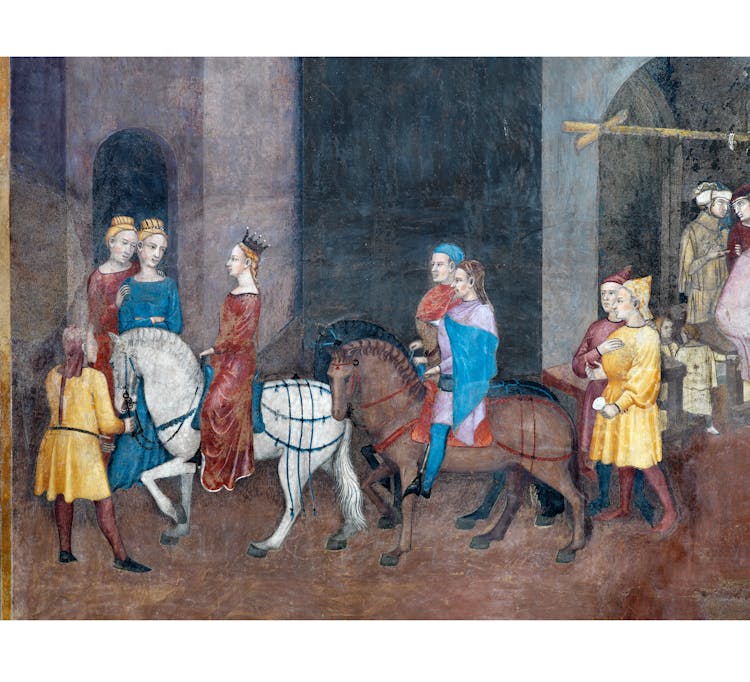 Particolare dell'affresco "Effetti del Buon Governo in città" nella sala della Pace al Museo Civico di Siena