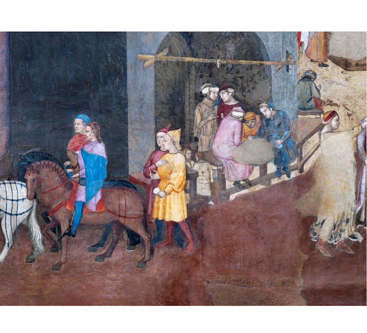 Particolare dell'affresco "Effetti del Buon Governo in città" nella sala della Pace al Museo Civico di Siena