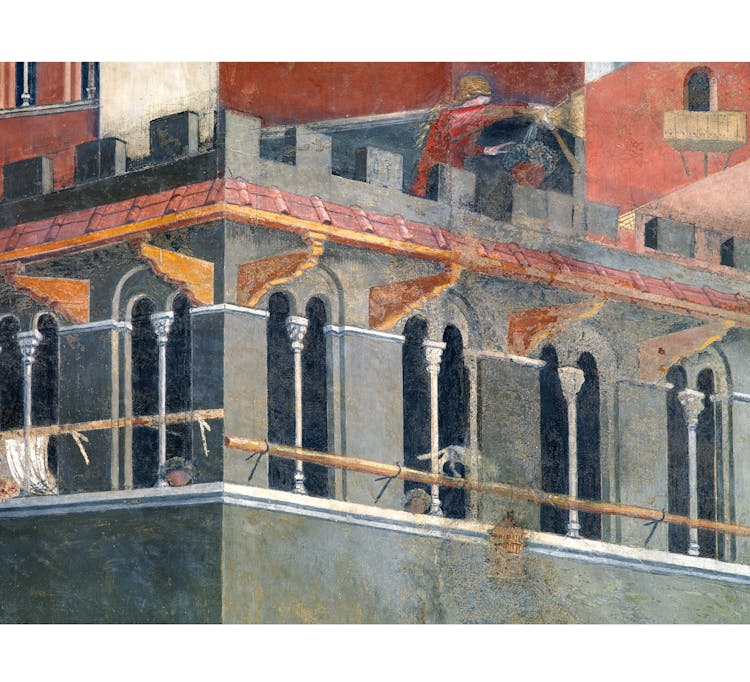 Particolare dell'affresco "Effetti del Buon Governo in città" nella sala della Pace al Museo Civico di Siena