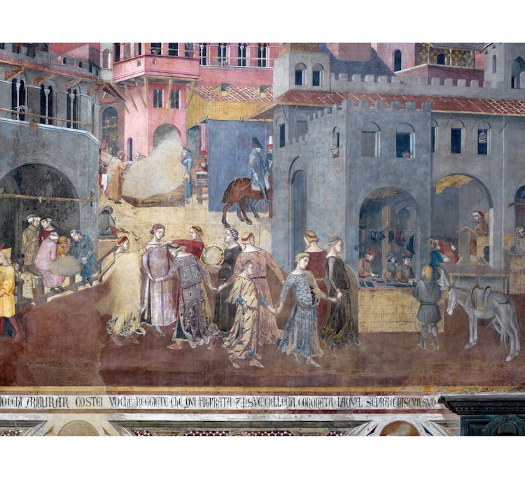 Particolare dell'affresco "Effetti del Buon Governo in città" nella sala della Pace al Museo Civico di Siena