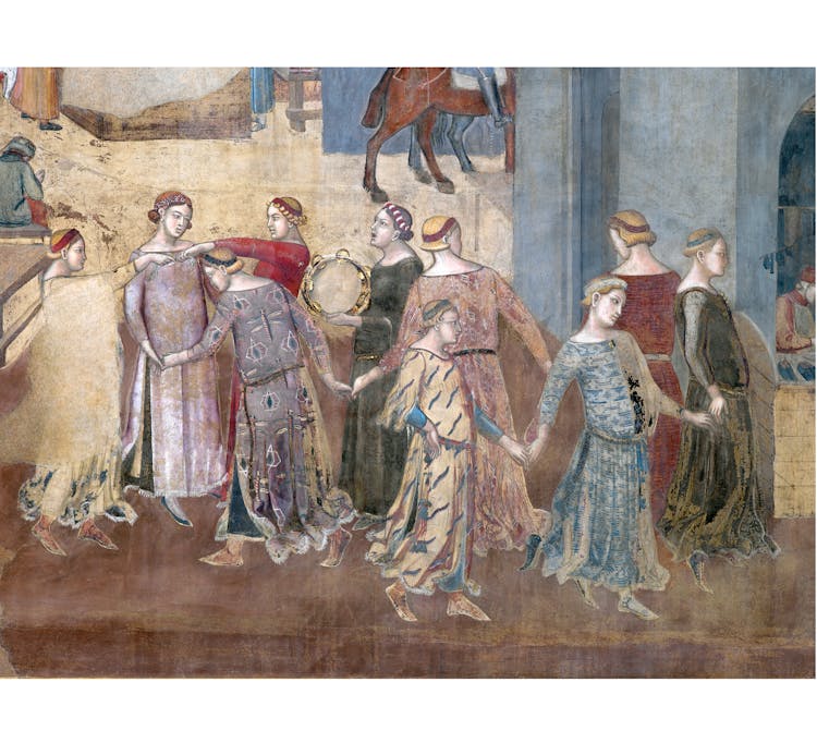 Particolare dell'affresco "Effetti del Buon Governo in città" nella sala della Pace al Museo Civico di Siena