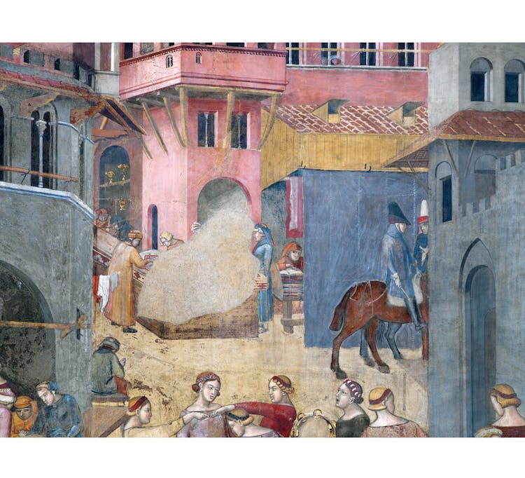 Particolare dell'affresco "Effetti del Buon Governo in città" nella sala della Pace al Museo Civico di Siena