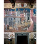 Particolare dell'affresco "Effetti del Buon Governo in città" nella sala della Pace al Museo Civico di Siena