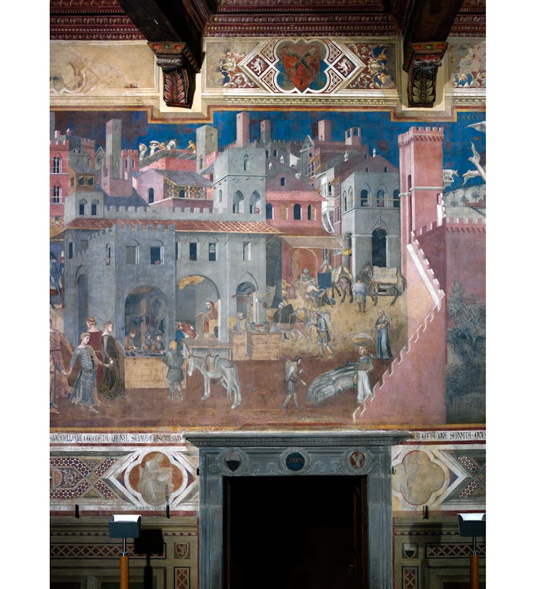 Particolare dell'affresco "Effetti del Buon Governo in città" nella sala della Pace al Museo Civico di Siena