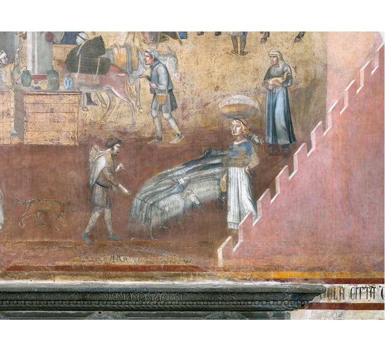Particolare dell'affresco "Effetti del Buon Governo in città" nella sala della Pace al Museo Civico di Siena
