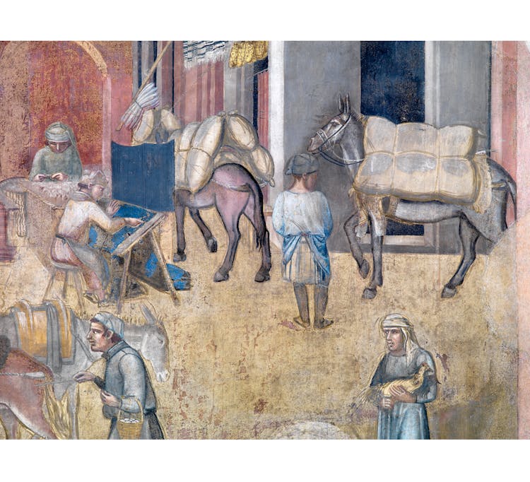 Particolare dell'affresco "Effetti del Buon Governo in città" nella sala della Pace al Museo Civico di Siena