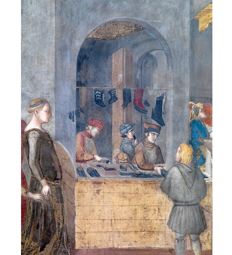 Particolare dell'affresco "Effetti del Buon Governo in città" nella sala della Pace al Museo Civico di Siena
