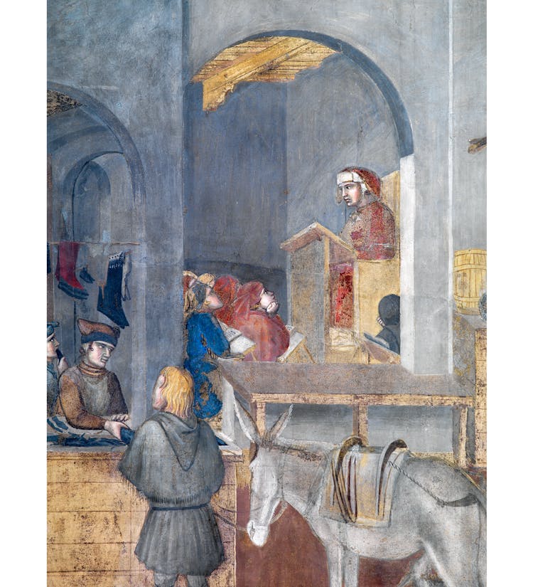 Particolare dell'affresco "Effetti del Buon Governo in città" nella sala della Pace al Museo Civico di Siena