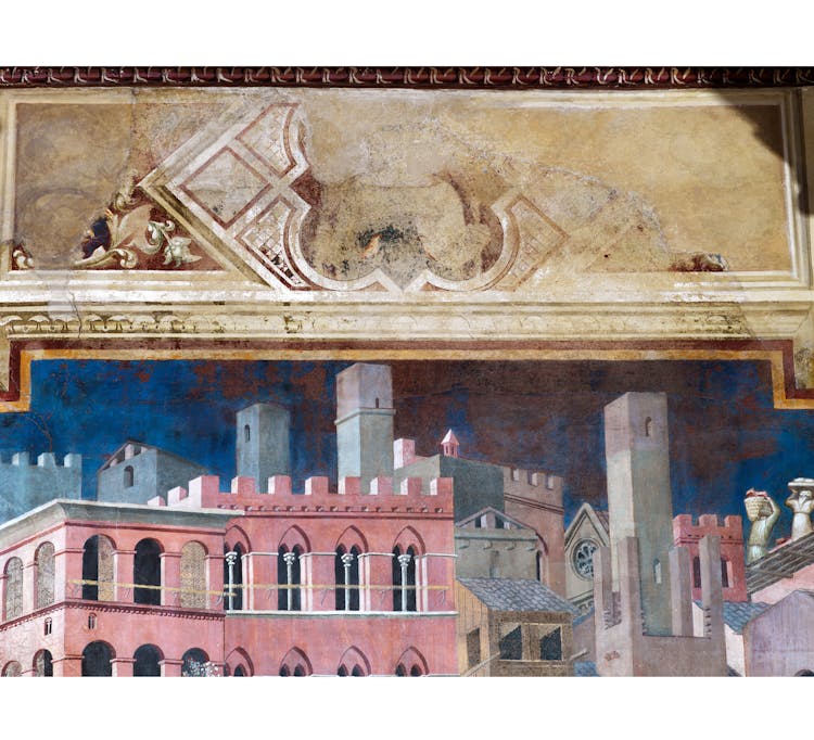 Particolare dell'affresco "Effetti del Buon Governo in città" nella sala della Pace al Museo Civico di Siena