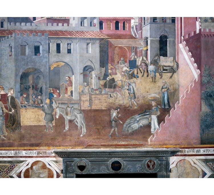 Particolare dell'affresco "Effetti del Buon Governo in città" nella sala della Pace al Museo Civico di Siena