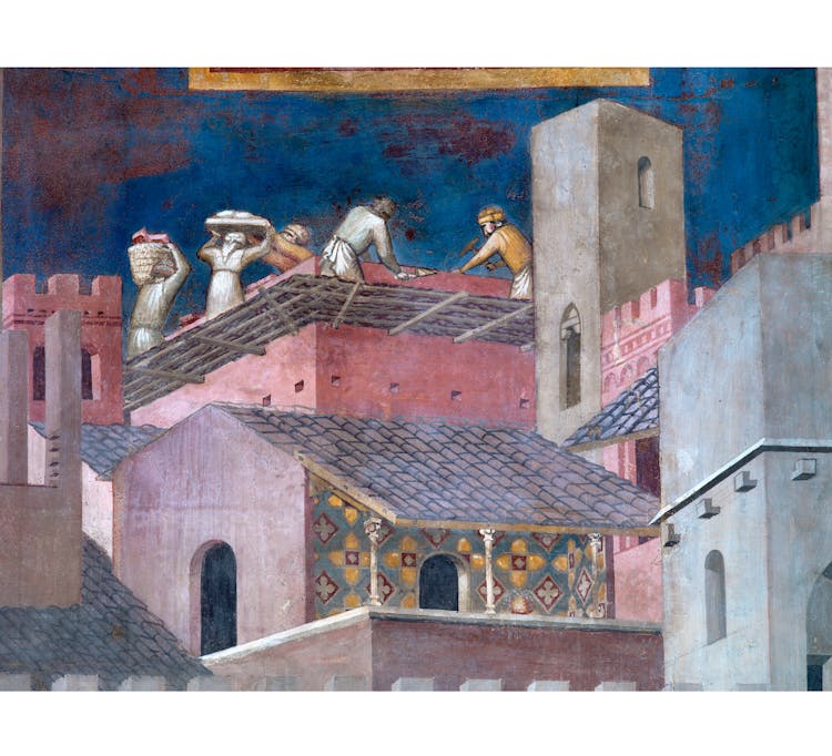 Particolare dell'affresco "Effetti del Buon Governo in città" nella sala della Pace al Museo Civico di Siena