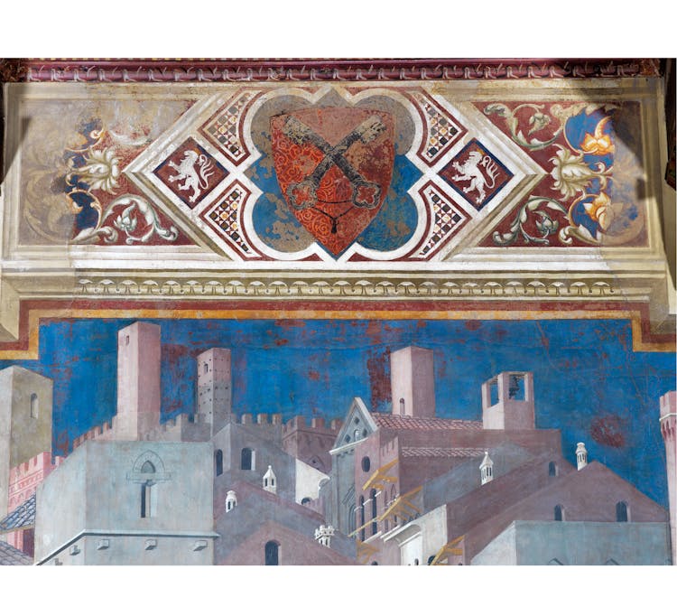 Particolare dell'affresco "Effetti del Buon Governo in città" nella sala della Pace al Museo Civico di Siena