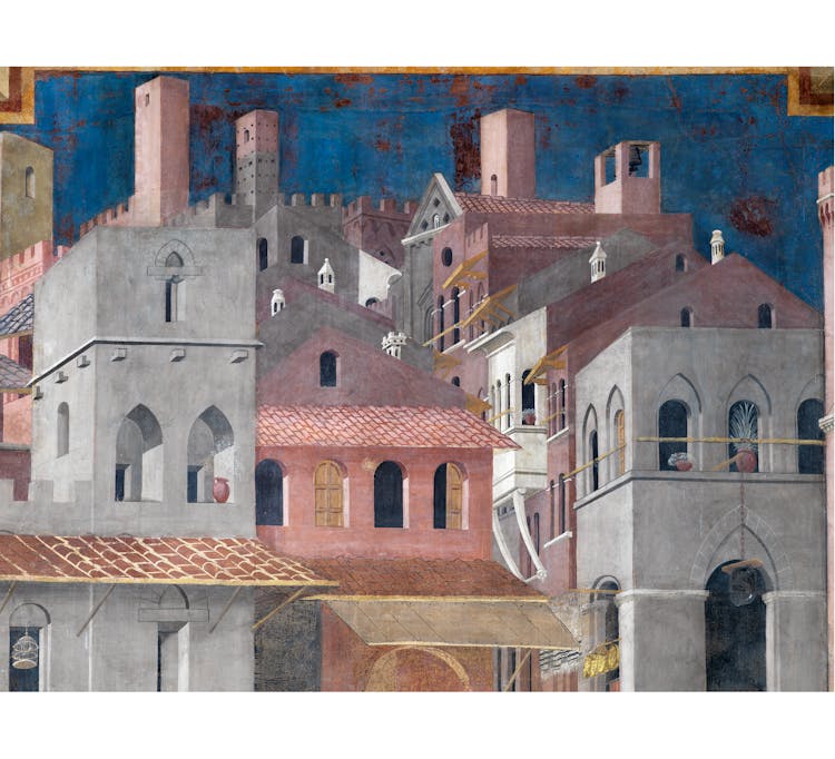 Particolare dell'affresco "Effetti del Buon Governo in città" nella sala della Pace al Museo Civico di Siena